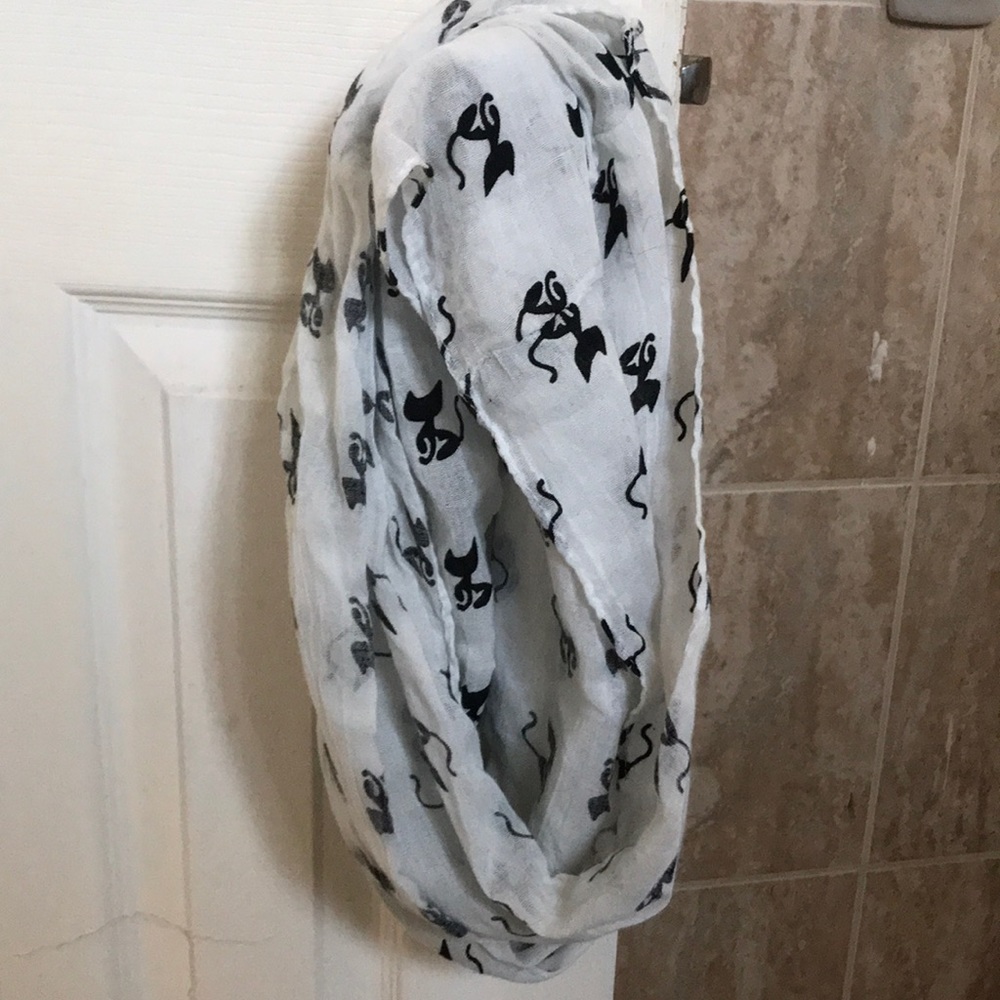 White sheer circle scarf with felt black cats